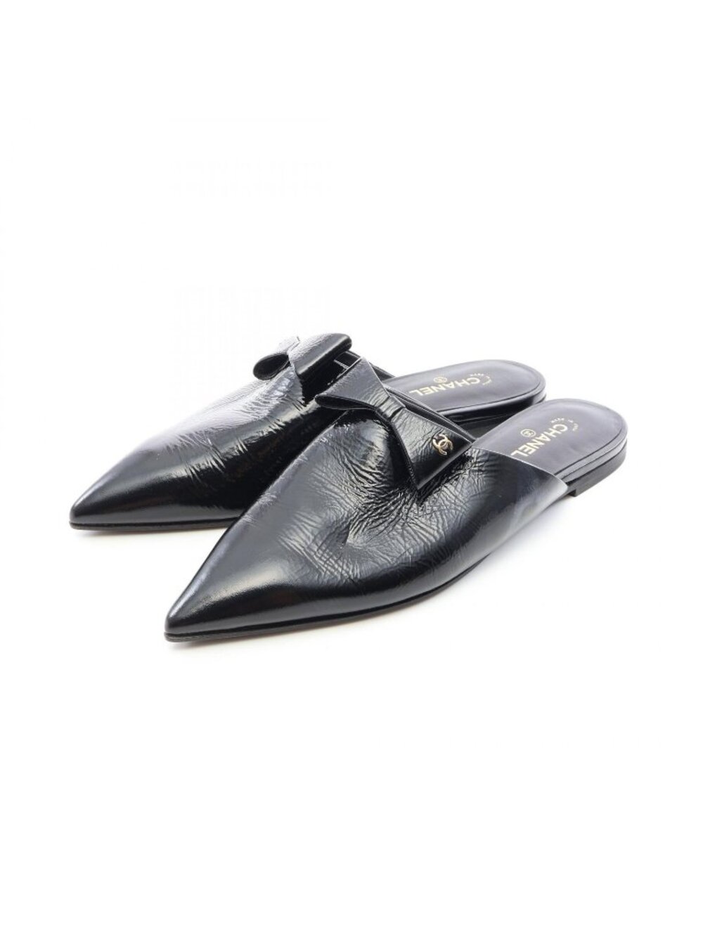 Chanel Mules CC Logo Ribbon Pointed Toe Flat Patent Leather